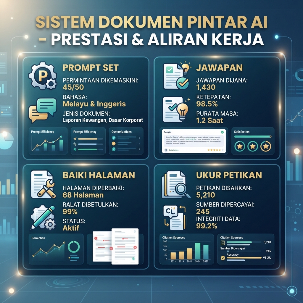 Loop pengukuran petikan AI yang menghubungkan set prompt, tangkapan jawapan, pembaikan bukti, dan dashboard