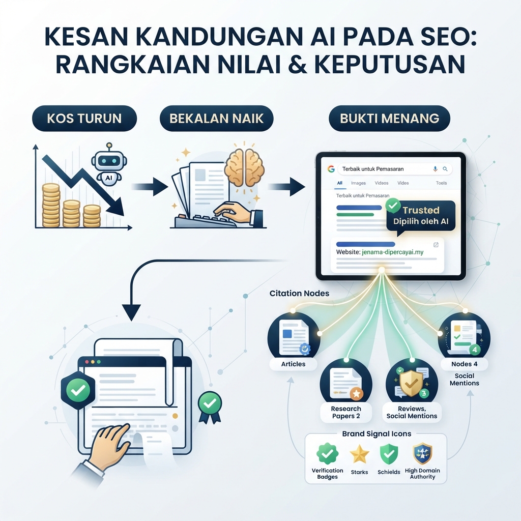 Infografik yang menunjukkan GPT-5.6 menurunkan kos kandungan AI dan menaikkan keperluan SEO/GEO berasaskan bukti