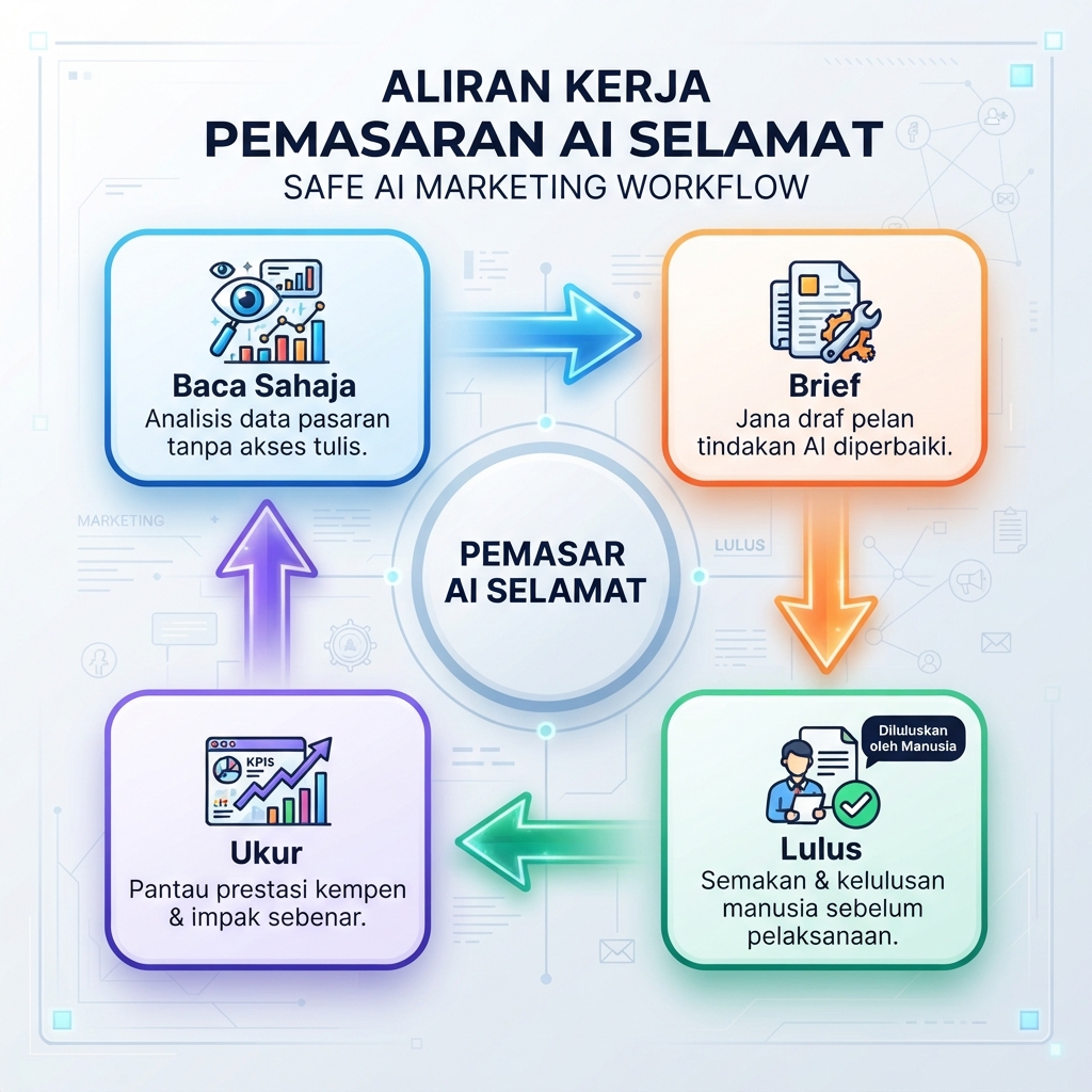 Diagram workflow yang menunjukkan sumber data, diagnosis AI, tindakan draf, dan pintu kelulusan manusia dalam jabatan marketing AI