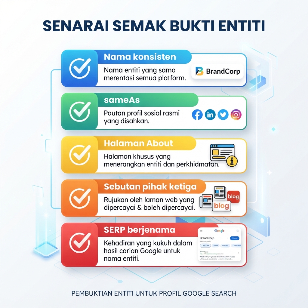 Senarai semak yang menunjukkan bagaimana jenama di bawah ambang follower Google Search Profile boleh membina bukti entiti
