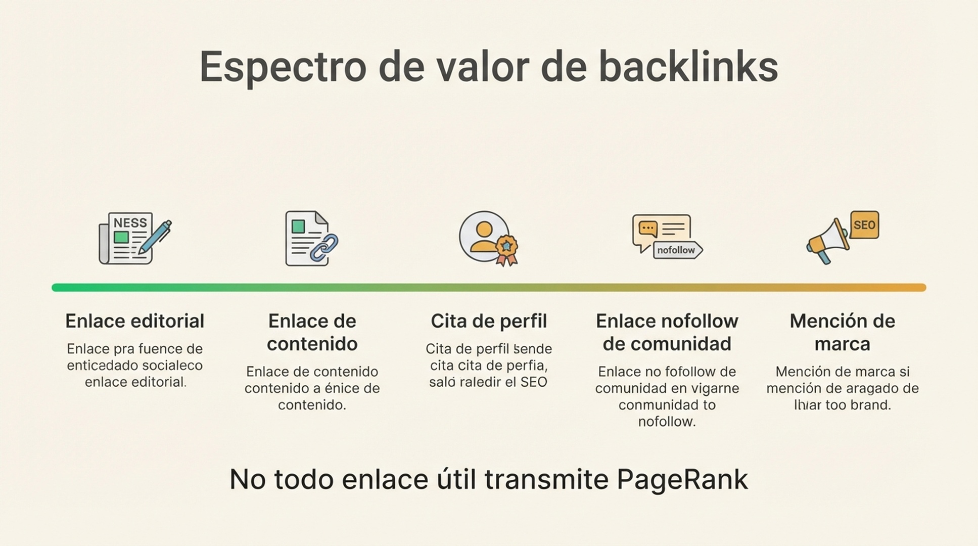 Espectro de valor de backlinks con enlaces editoriales, citas de perfil, enlaces nofollow de comunidad, enlaces de contenido y menciones de marca