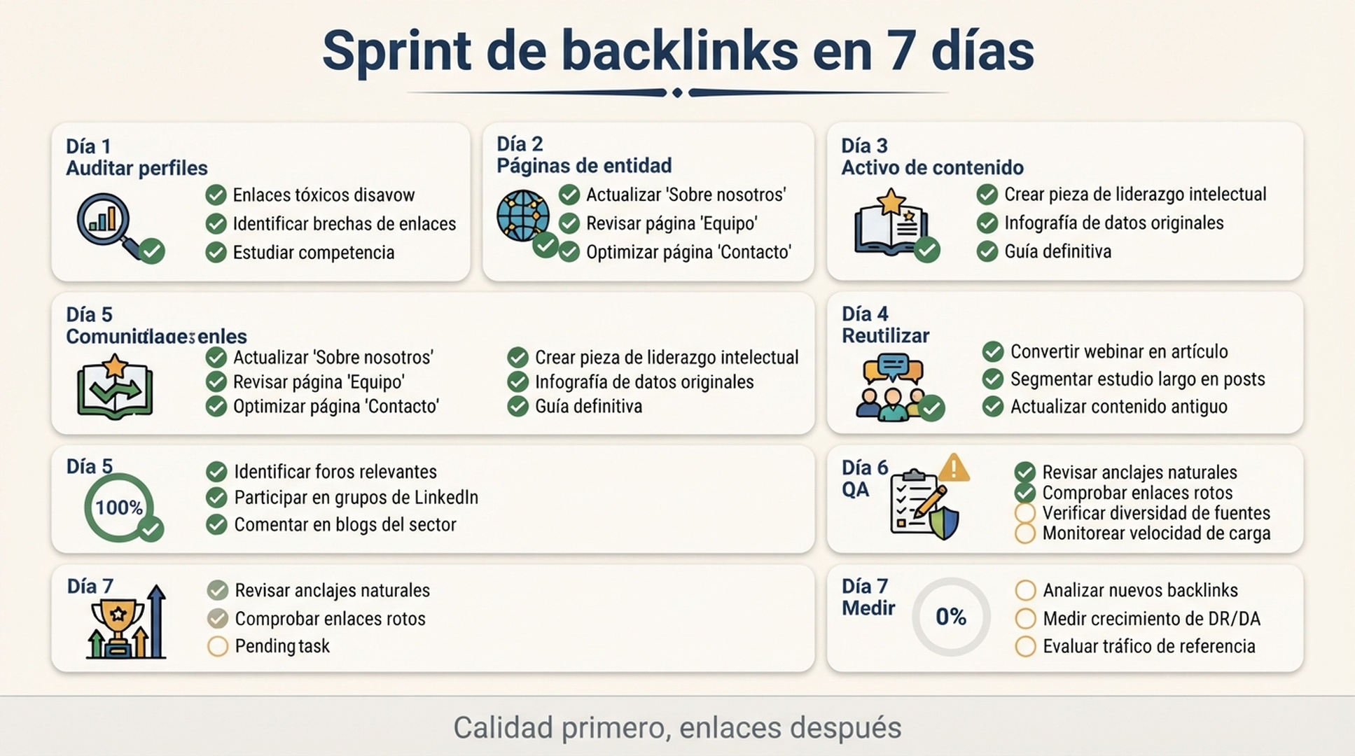 Checklist de sprint de backlinks en 7 días con auditoría de perfiles, páginas de entidad, activo de contenido, reutilización, comunidades, QA y medición