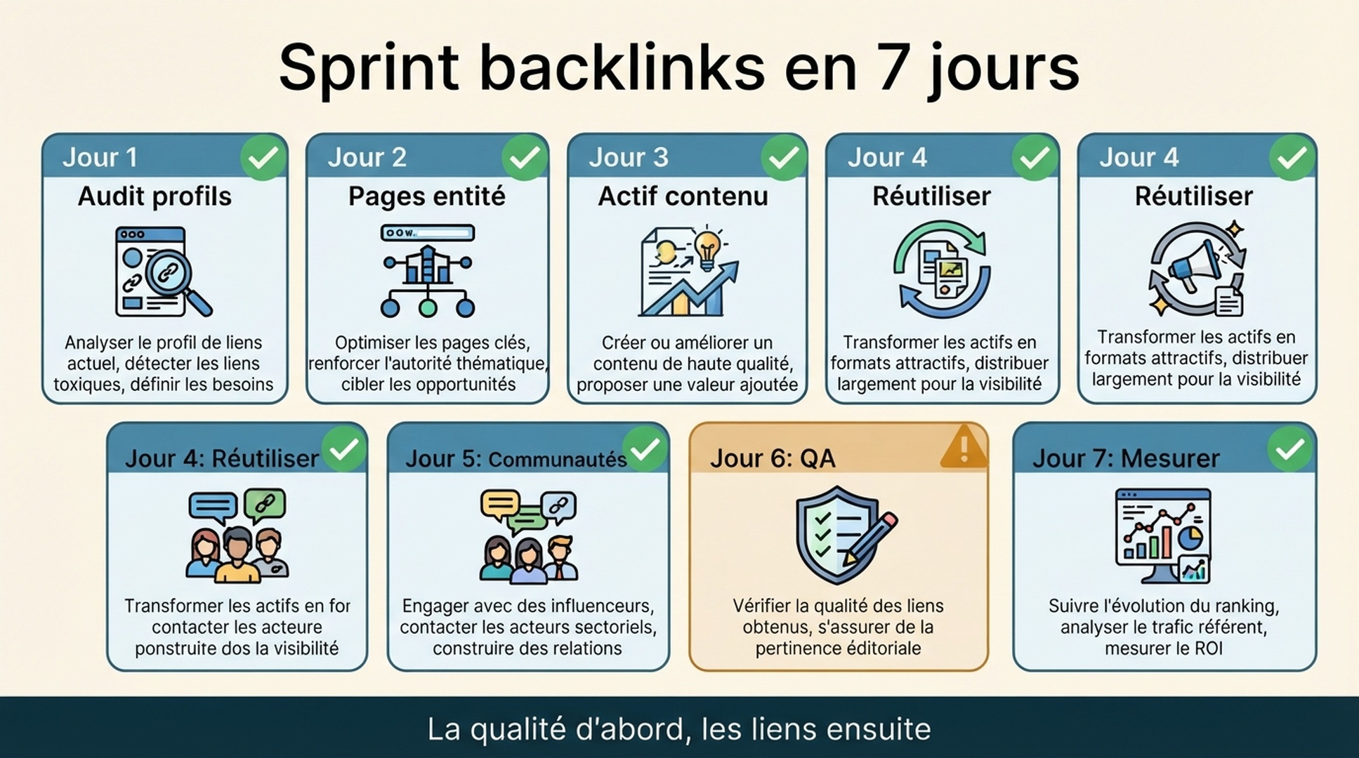 Checklist de sprint backlinks en 7 jours avec audit des profils, pages d'entité, actif de contenu, réutilisation, communautés, QA et mesure