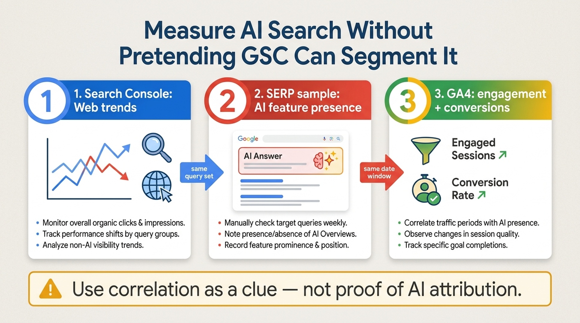 Weekly AI search measurement workflow combining Search Console Web trends, a repeatable SERP sample, and GA4 conversion data