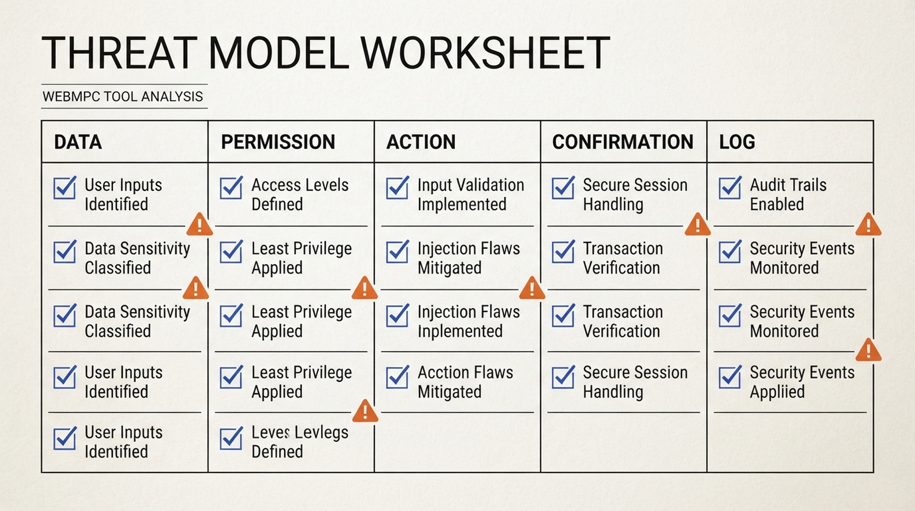 WebMCP threat-model worksheet with five columns for data, permission, action, confirmation, and logging.