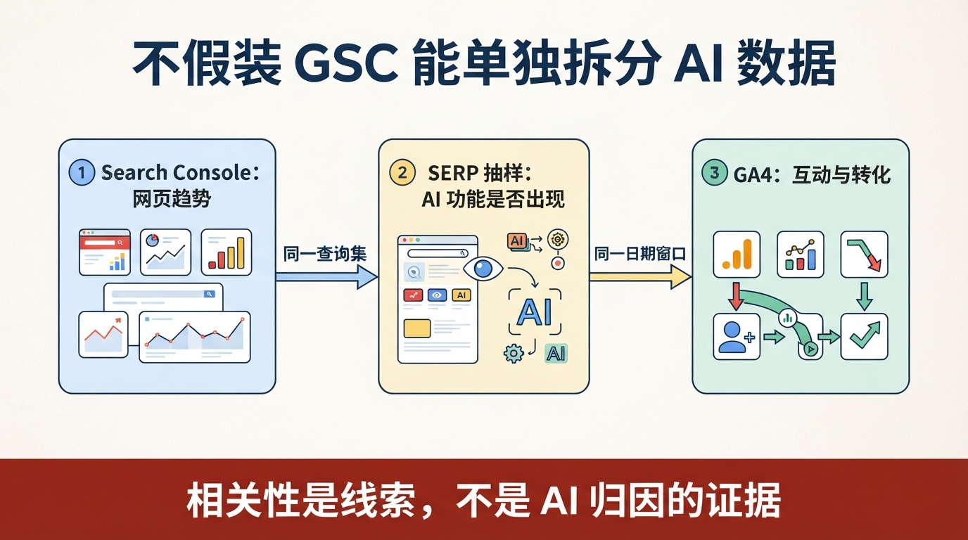 结合 Search Console 网页趋势、可重复 SERP 抽样和 GA4 转化数据的 AI 搜索周度测量流程图