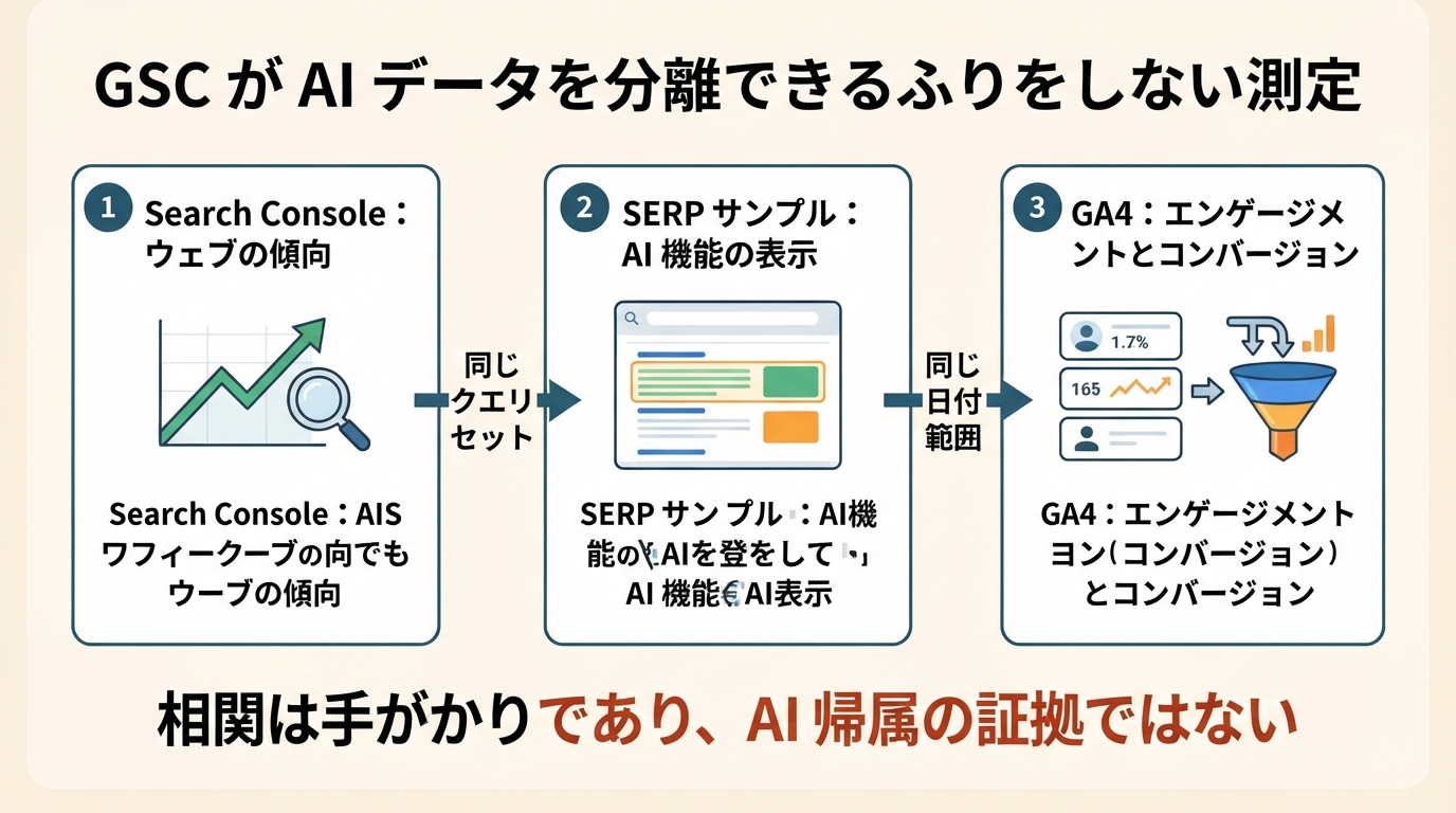 Search Console のウェブ傾向、再現可能な SERP サンプル、GA4 のコンバージョンを組み合わせた AI 検索の週次測定フロー