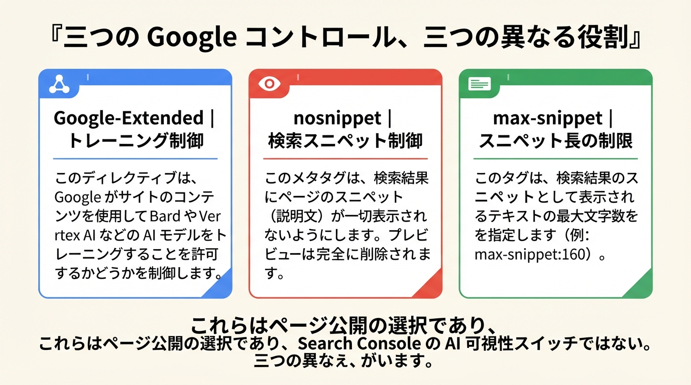 Google-Extended、nosnippet、max-snippet の三つのコントロールとそれぞれ異なる作用を比較した図