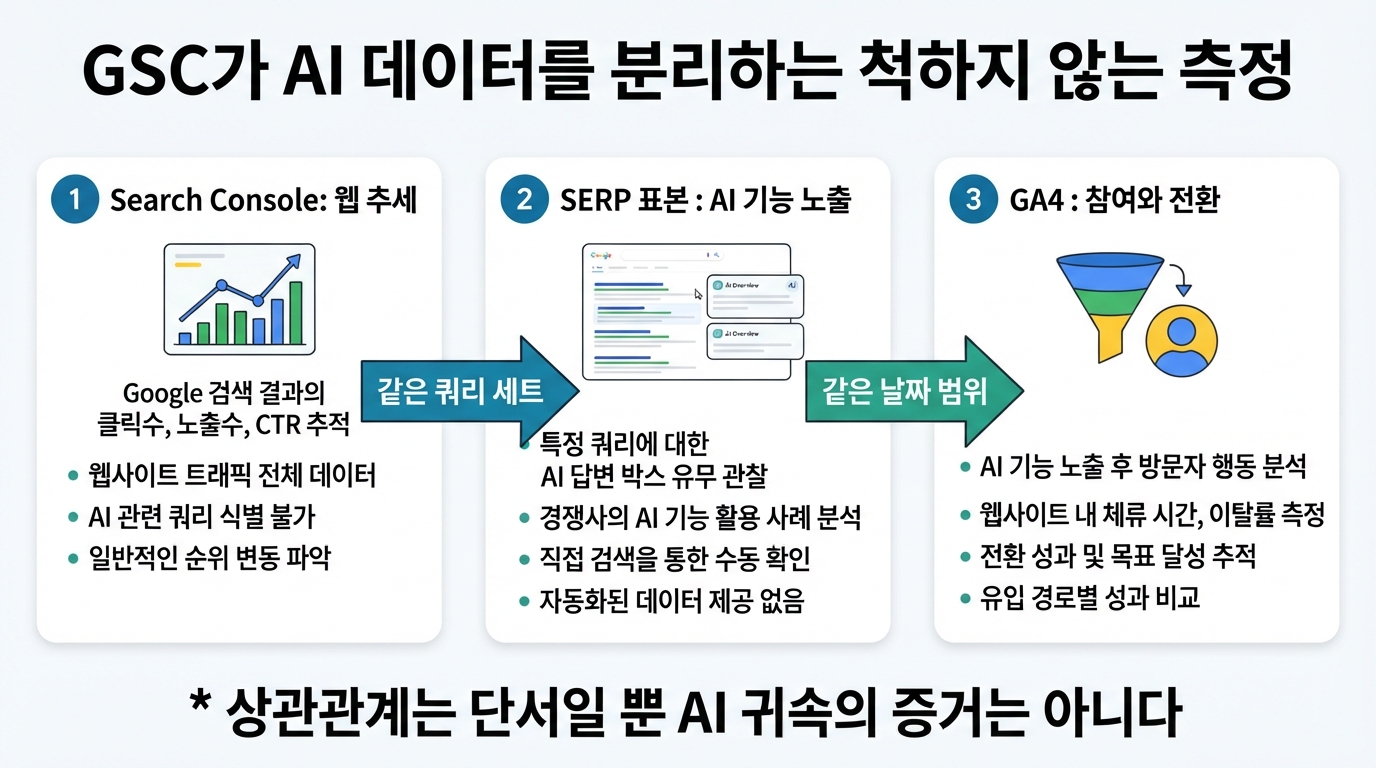 Search Console 웹 추세, 반복 가능한 SERP 표본, GA4 전환을 결합한 AI 검색 주간 측정 흐름