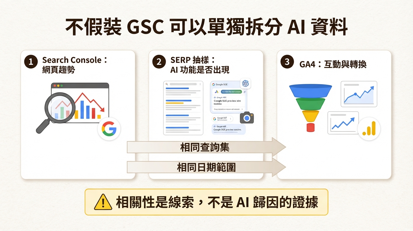 結合 Search Console 網頁趨勢、可重複 SERP 抽樣與 GA4 轉換資料的 AI 搜尋每週測量流程圖