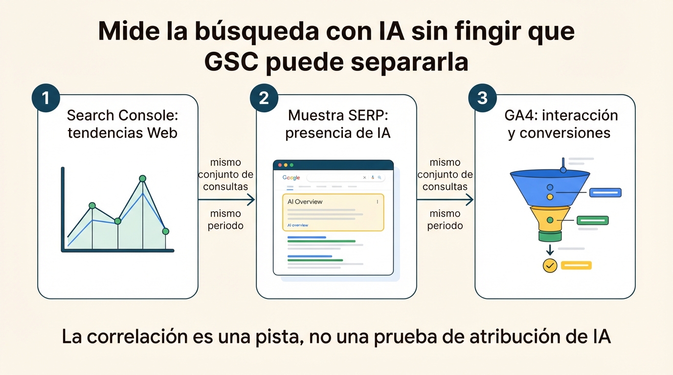 Flujo semanal de medición de búsqueda con IA que combina tendencias Web de Search Console, una muestra SERP repetible y conversiones de GA4