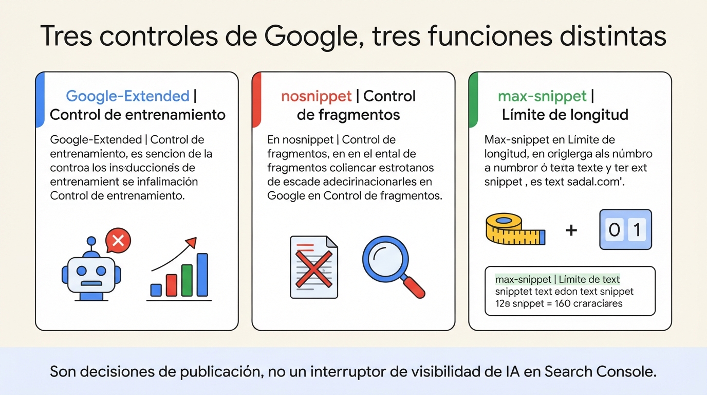 Comparación de los controles Google-Extended, nosnippet y max-snippet y sus efectos distintos