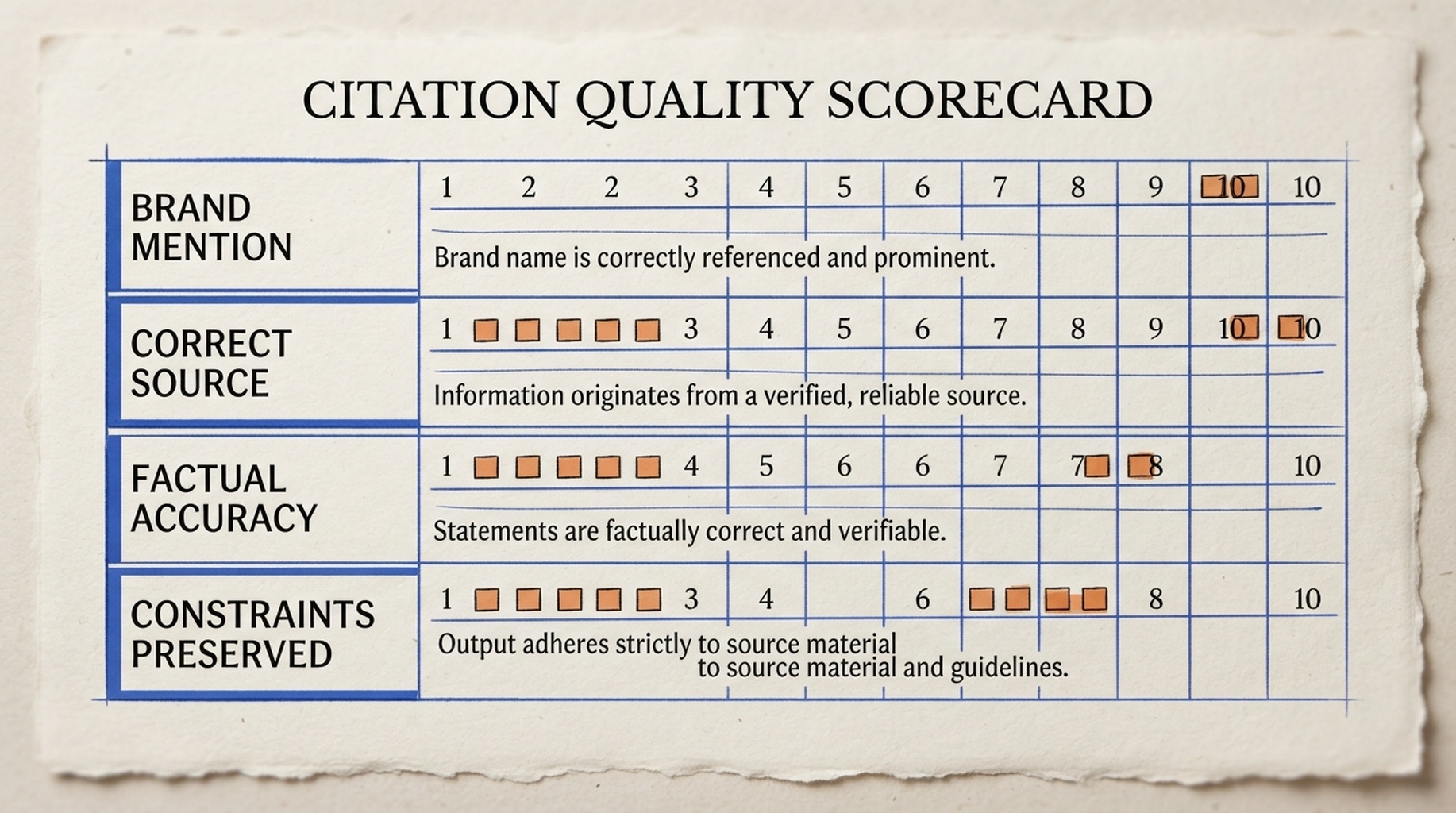 Citation quality scorecard for brand mention, correct source, factual accuracy, and constraints preserved.