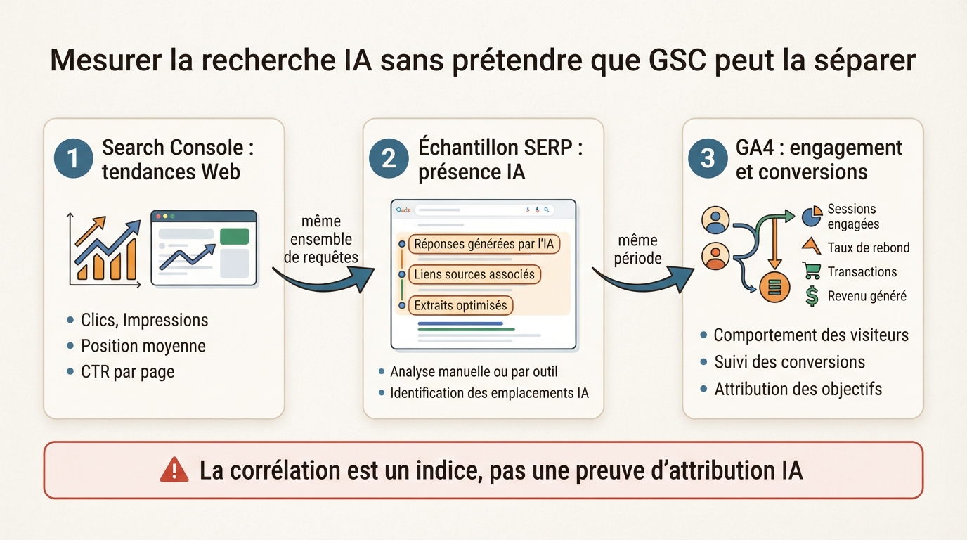 Flux hebdomadaire de mesure de la recherche IA combinant les tendances Web de Search Console, un échantillon SERP reproductible et les conversions GA4
