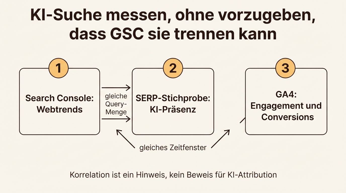 Wöchentlicher Messablauf für KI-Suche mit Search-Console-Webtrends, einer wiederholbaren SERP-Stichprobe und GA4-Conversions