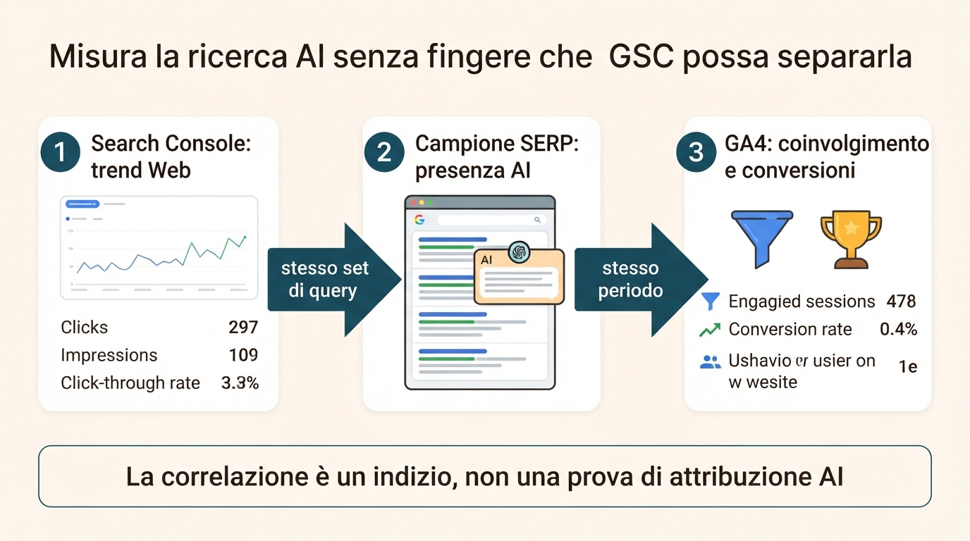 Flusso settimanale di misurazione della ricerca AI che unisce trend Web di Search Console, un campione SERP ripetibile e conversioni GA4