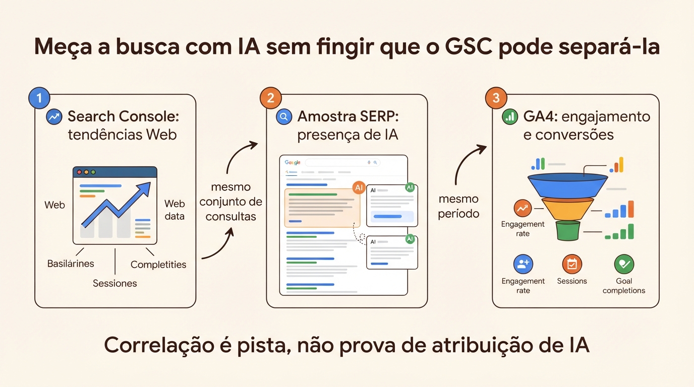 Fluxo semanal de medição de busca por IA que combina tendências Web do Search Console, uma amostra SERP repetível e conversões do GA4