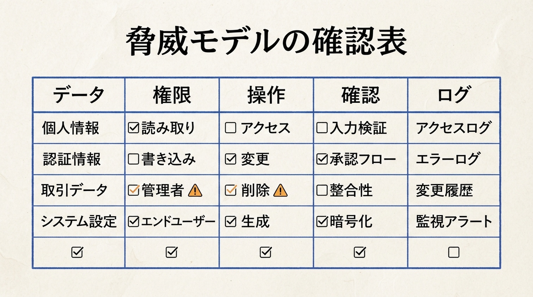 データ、権限、操作、確認、ログを確認する WebMCP ツールの脅威モデル表。