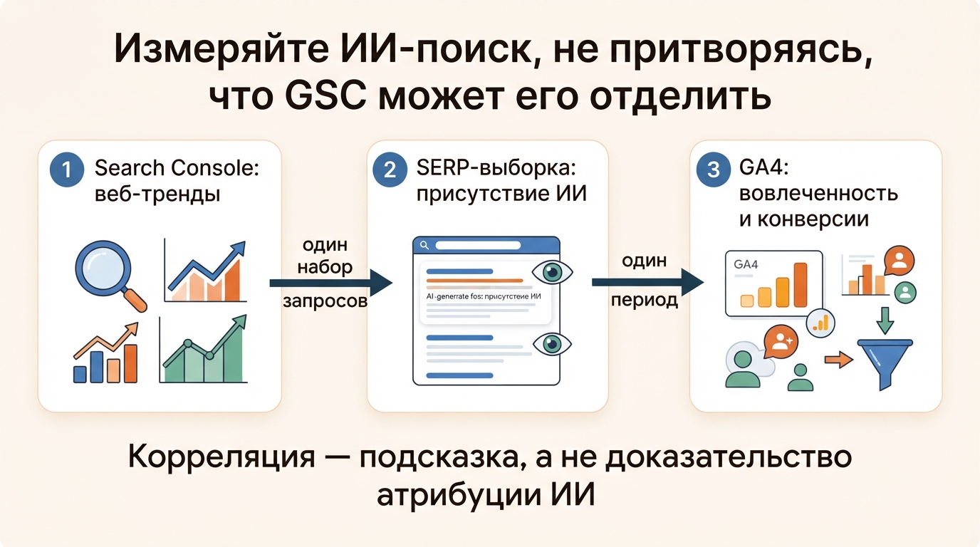 Еженедельный процесс измерения ИИ-поиска, объединяющий веб-тренды Search Console, повторяемую SERP-выборку и конверсии GA4