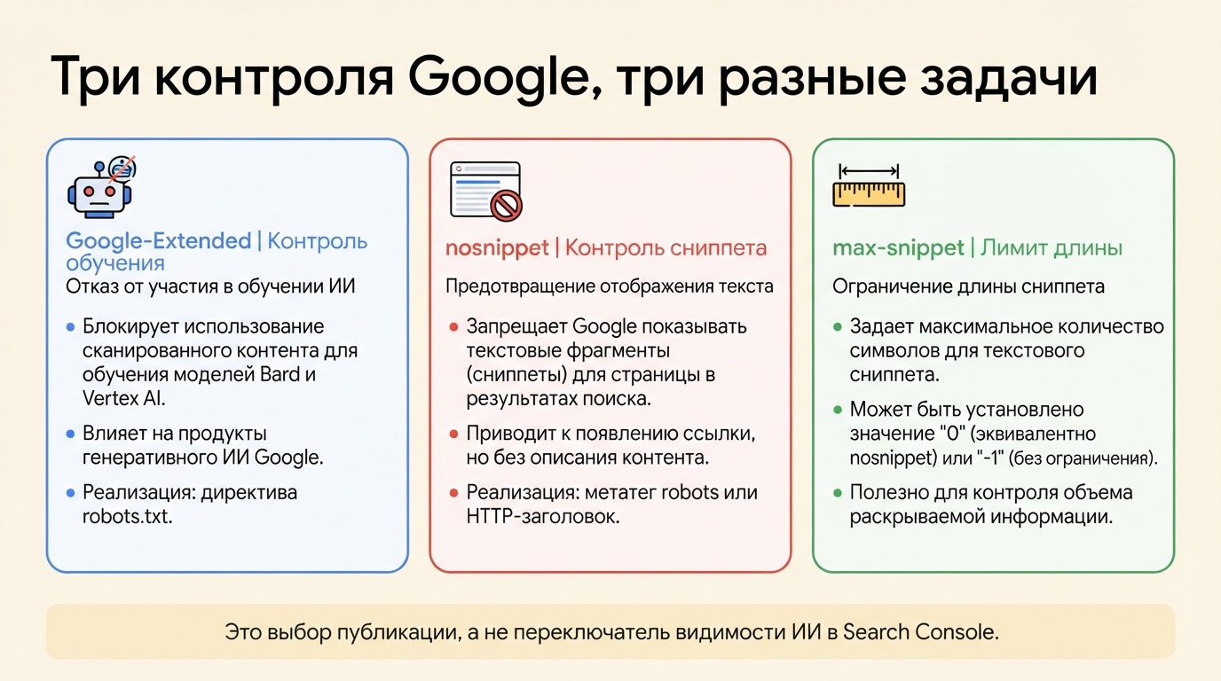 Сравнение элементов управления Google-Extended, nosnippet и max-snippet и их разных эффектов