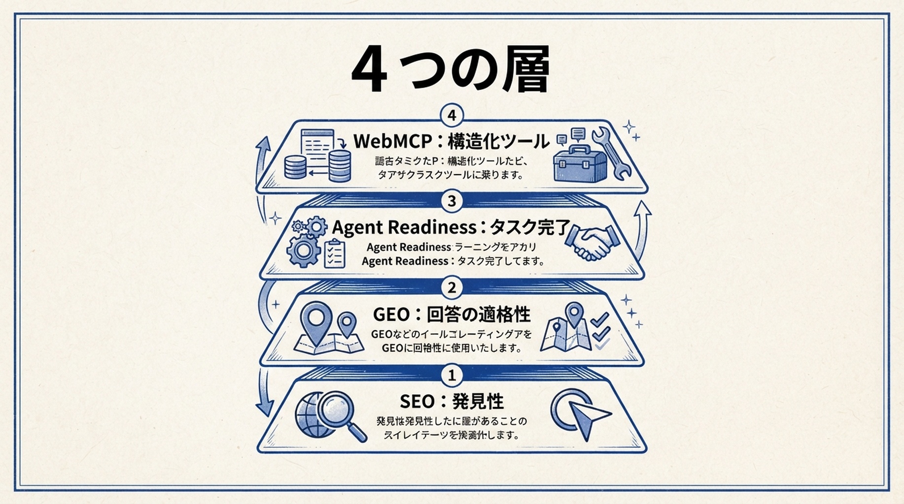 SEO の発見性、GEO の回答適格性、Agent Readiness、WebMCP の構造化ツールを示す四層図。