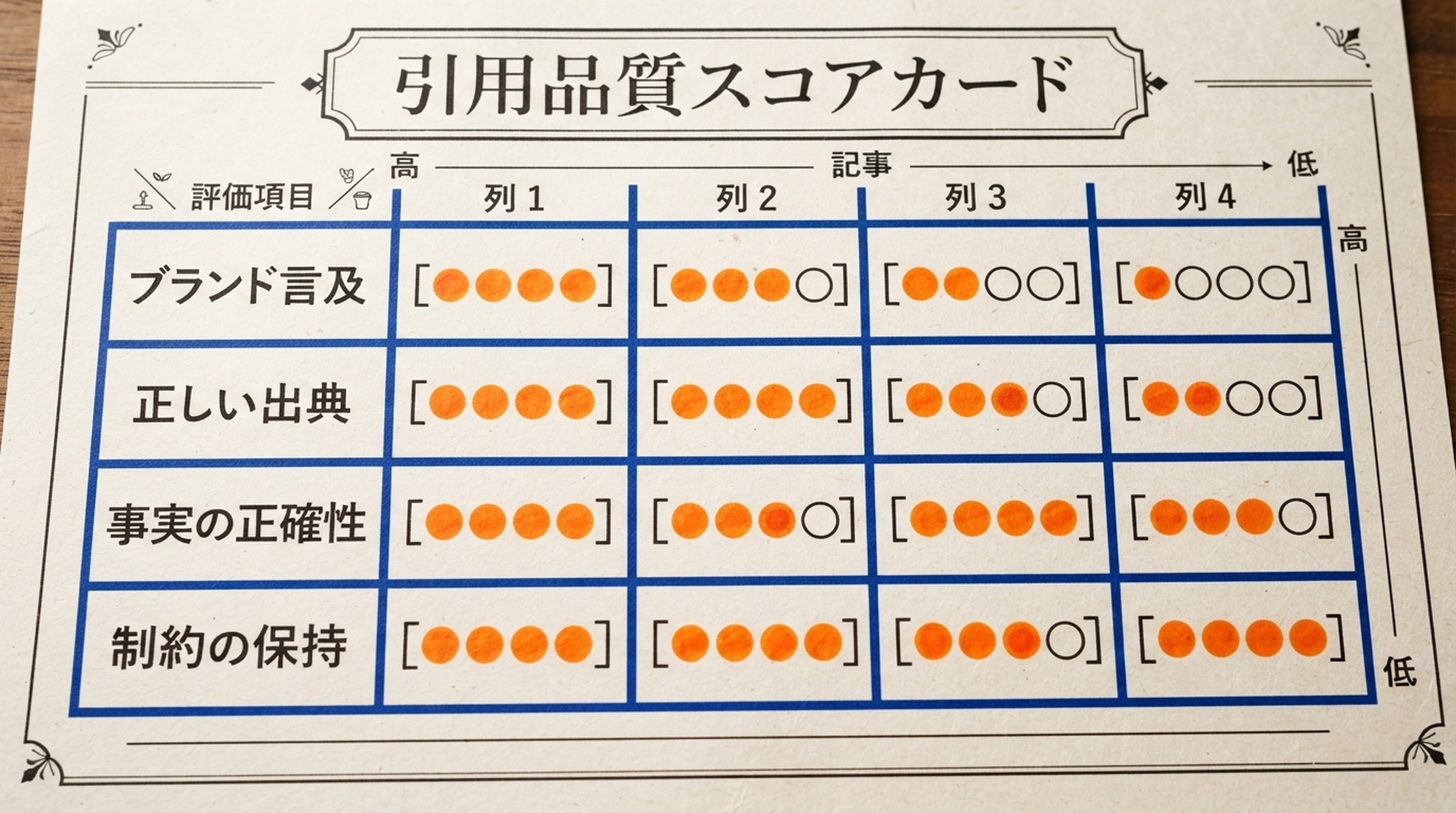 ブランド言及、正しい出典、事実の正確性、制約の保持を評価する引用品質スコアカード。