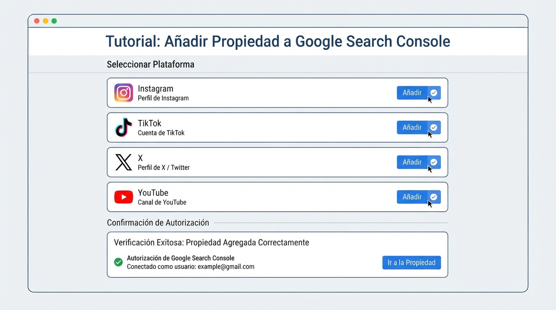 Pantalla plana de configuración de propiedades de plataforma de Google Search Console con opciones para Instagram, TikTok, X y YouTube