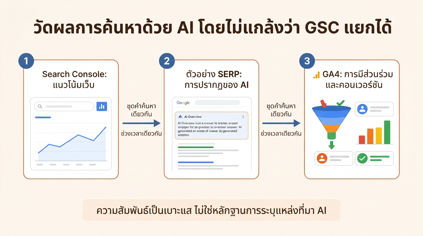 ขั้นตอนวัดผลการค้นหาด้วย AI รายสัปดาห์ที่รวมแนวโน้มเว็บจาก Search Console ตัวอย่าง SERP ที่ทำซ้ำได้ และคอนเวอร์ชัน GA4