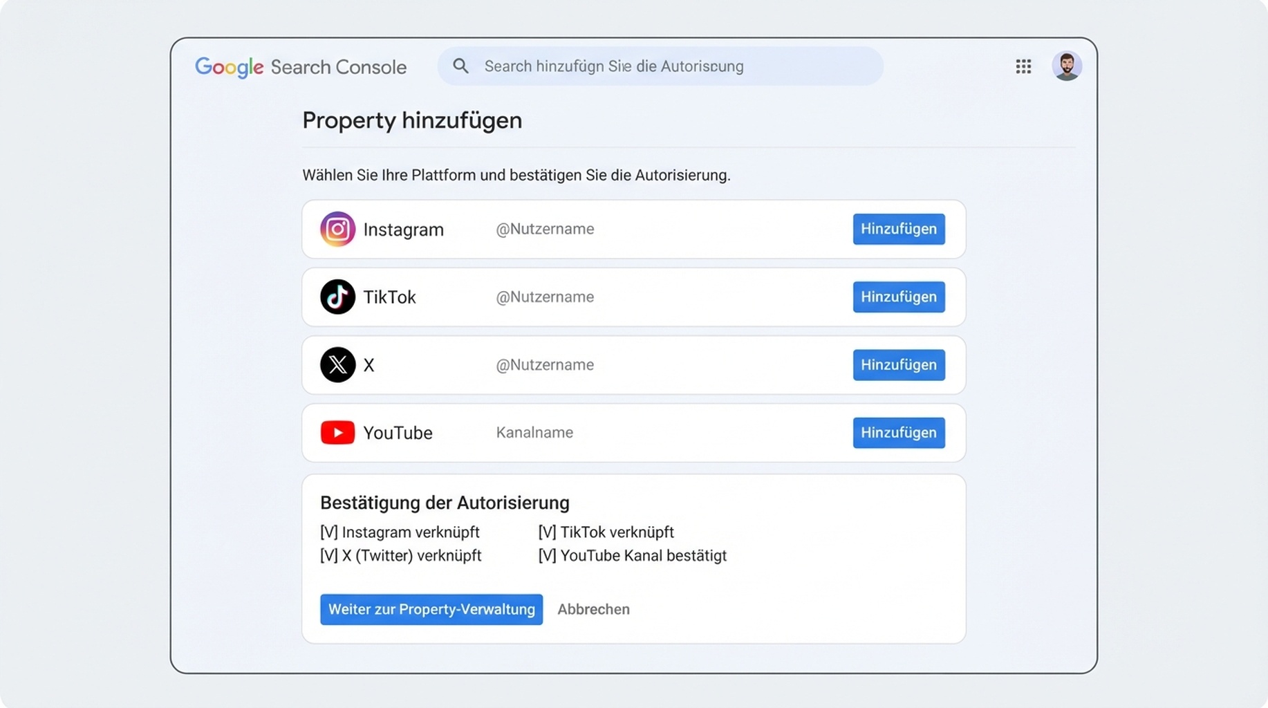 Flache Einrichtungsansicht von Google Search Console mit Hinzufügen-Schaltflächen für Instagram, TikTok, X und YouTube