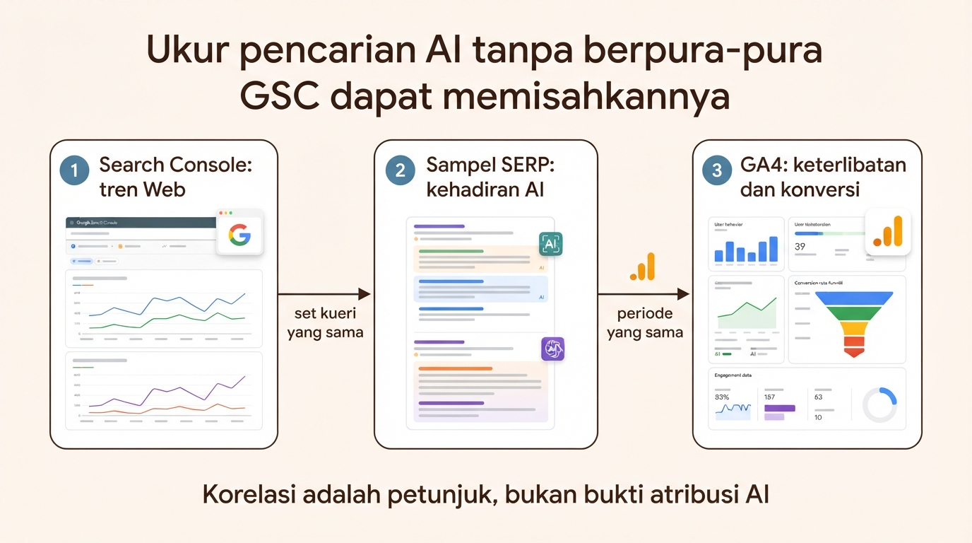 Alur pengukuran mingguan pencarian AI yang menggabungkan tren Web Search Console, sampel SERP yang dapat diulang, dan konversi GA4