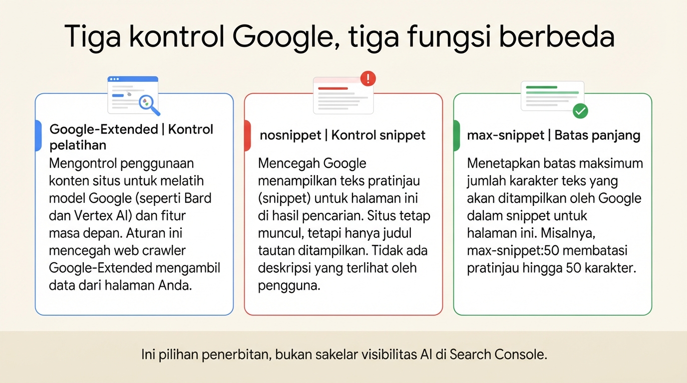 Perbandingan kontrol Google-Extended, nosnippet, dan max-snippet serta efeknya yang berbeda