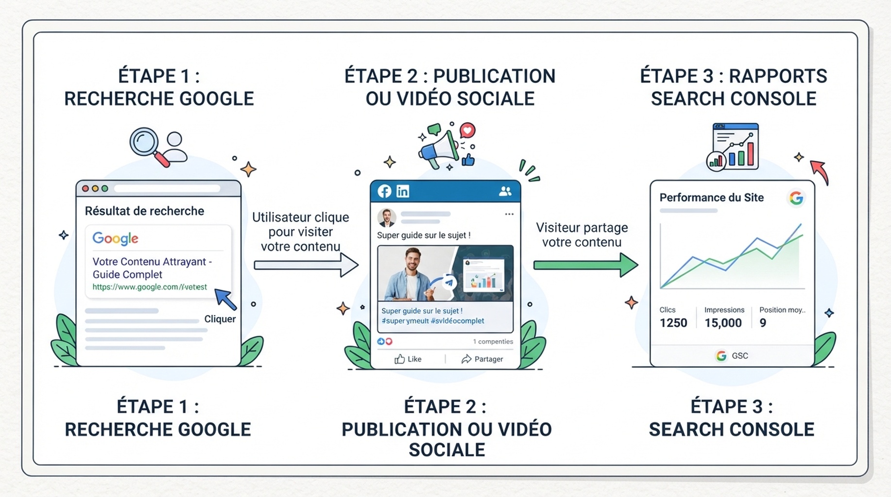 Schéma montrant un résultat de recherche Google menant à une publication sociale puis aux rapports Search Console