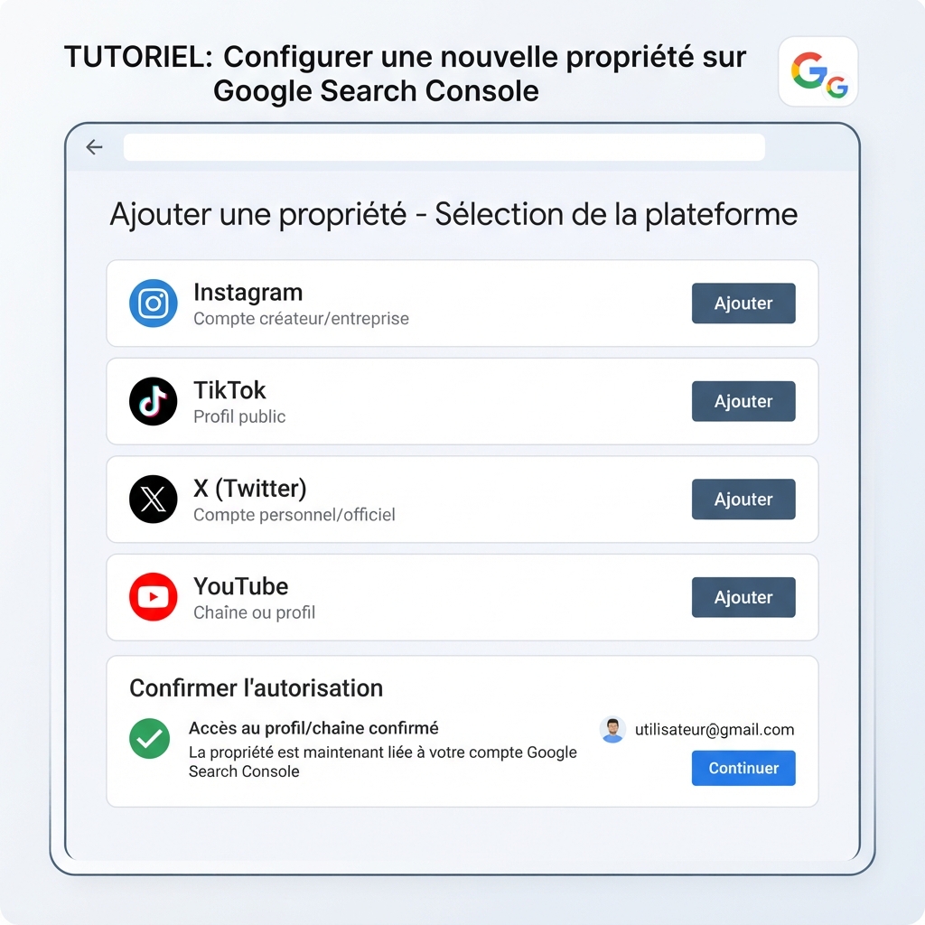 Écran plat de configuration d'une propriété de plate-forme dans Google Search Console, avec Instagram, TikTok, X et YouTube