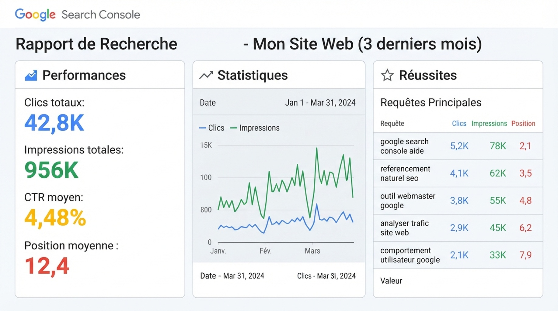 Rapports Google Search Console pour une propriété de plate-forme connectée : Performances, Statistiques et Réussites