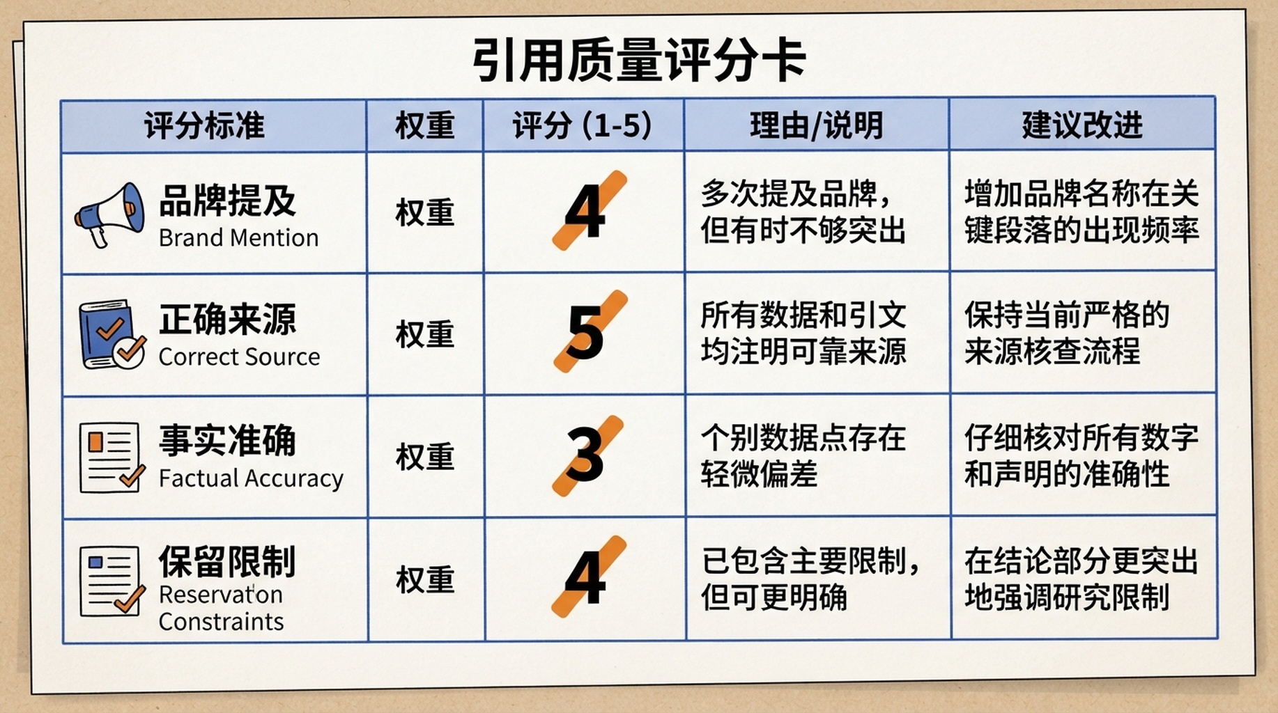 AI 回答引用质量评分卡，涵盖品牌提及、正确来源、事实准确和保留限制。