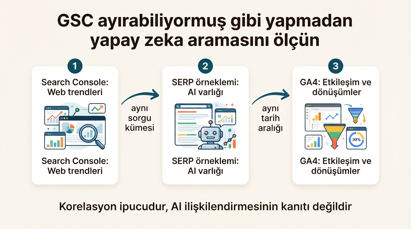 Search Console Web trendlerini, tekrarlanabilir bir SERP örneklemini ve GA4 dönüşümlerini birleştiren haftalık yapay zeka araması ölçüm akışı