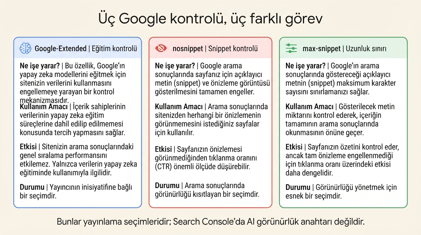 Google-Extended, nosnippet ve max-snippet kontrollerinin farklı etkilerini karşılaştıran görsel