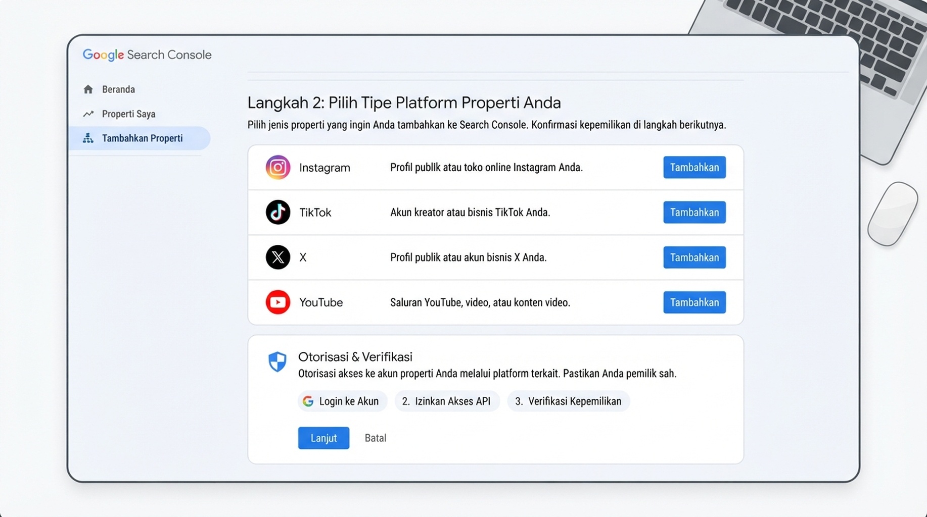 Layar datar pengaturan properti platform Google Search Console dengan Instagram, TikTok, X, dan YouTube