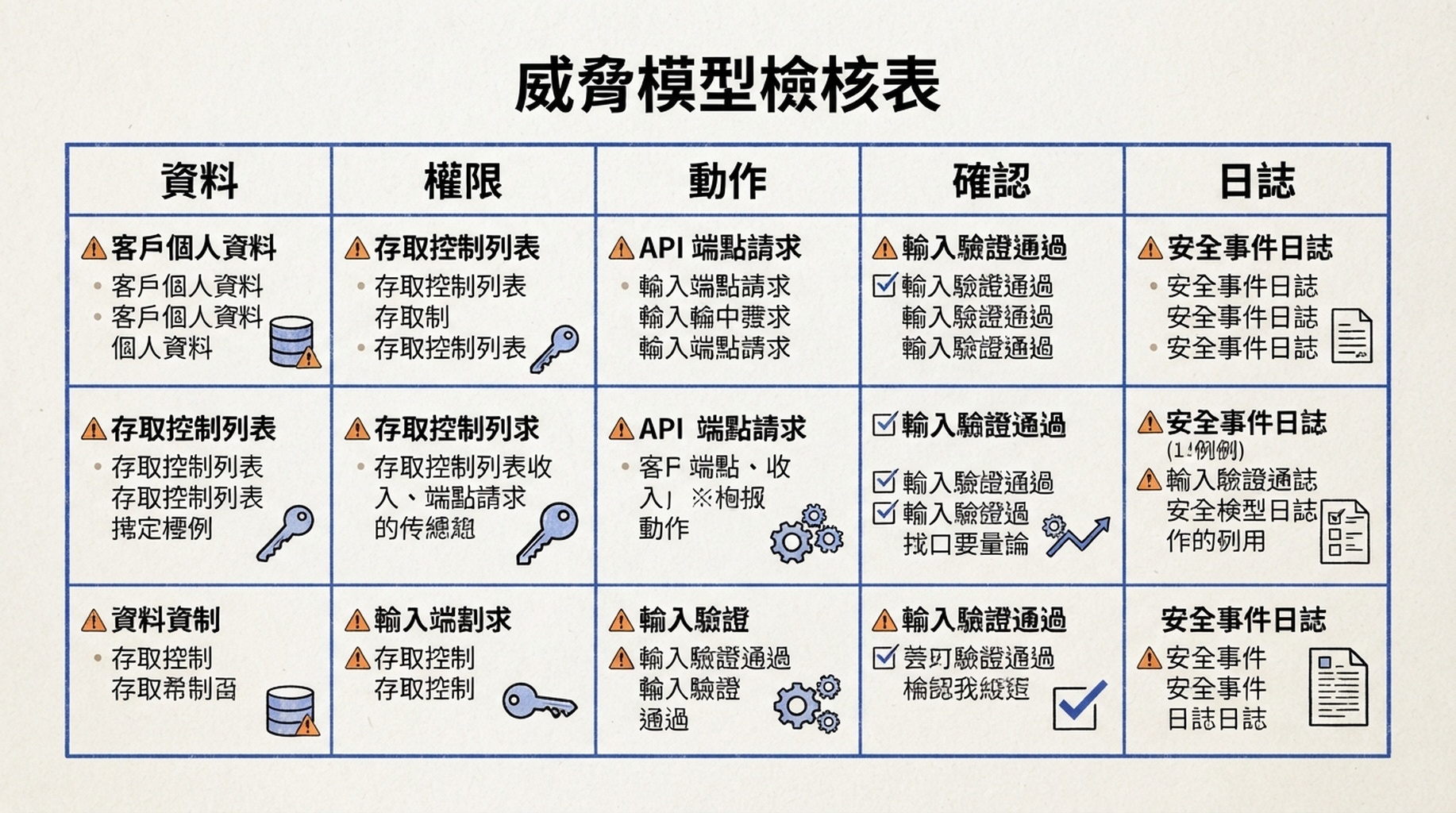 WebMCP 工具威脅模型工作表，涵蓋資料、權限、動作、確認與日誌。