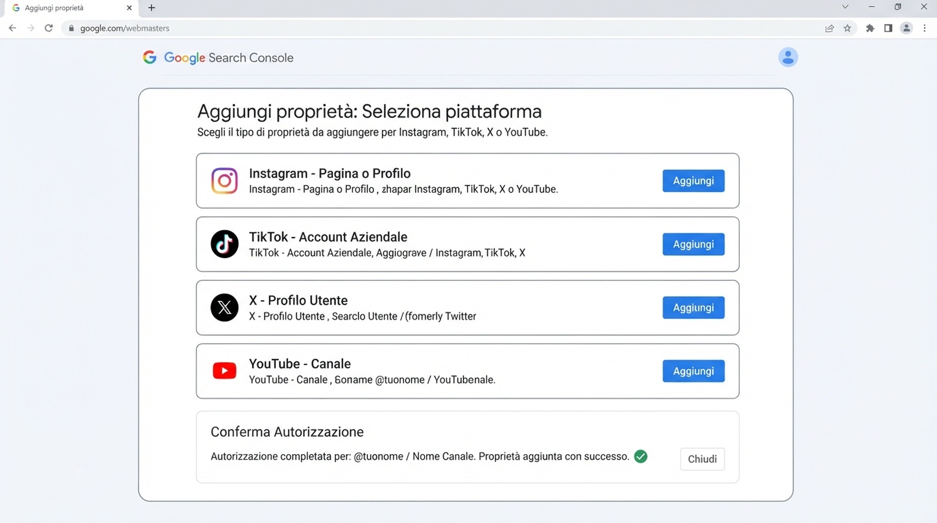 Schermata piatta di configurazione di Google Search Console con Instagram, TikTok, X e YouTube
