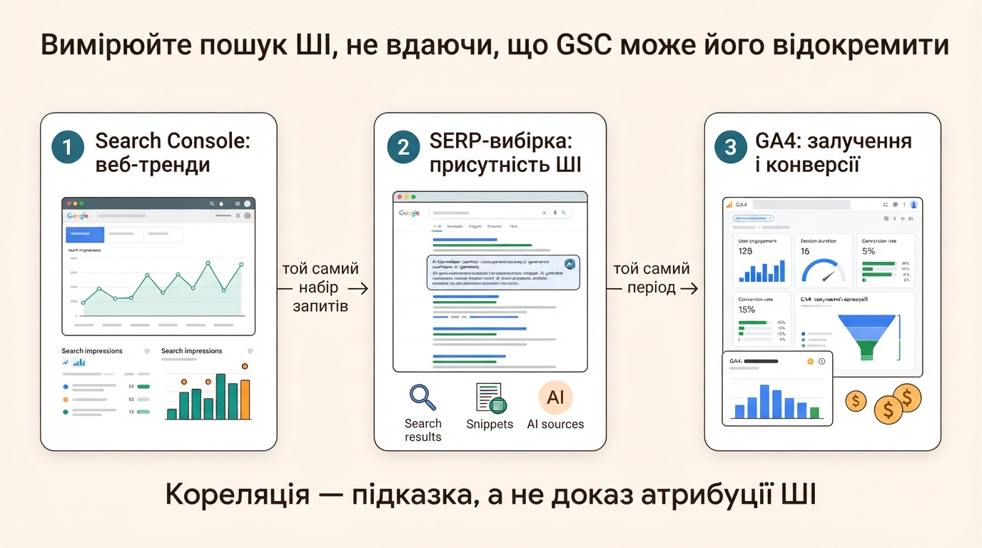 Щотижневий процес вимірювання пошуку ШІ, що поєднує веб-тренди Search Console, повторювану SERP-вибірку та конверсії GA4