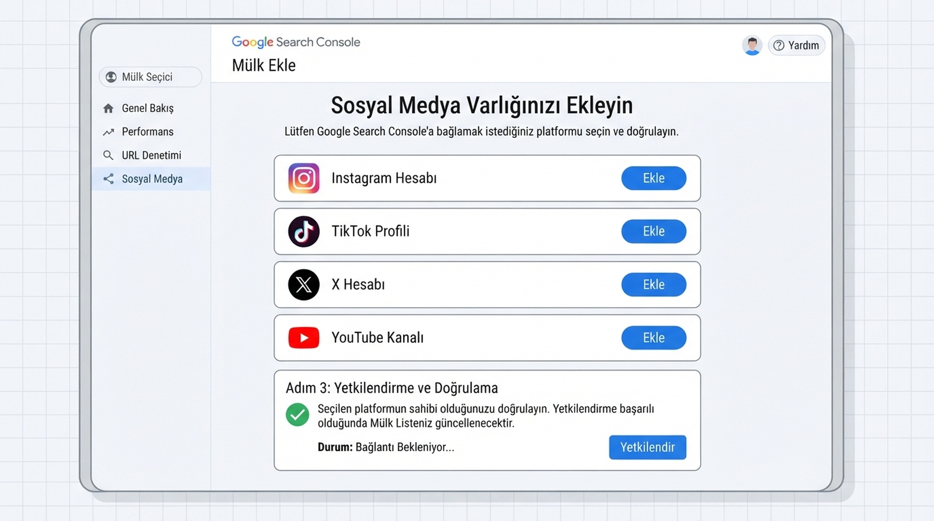 Instagram, TikTok, X ve YouTube icin Ekle secenekleri bulunan duz Google Search Console kurulum ekrani