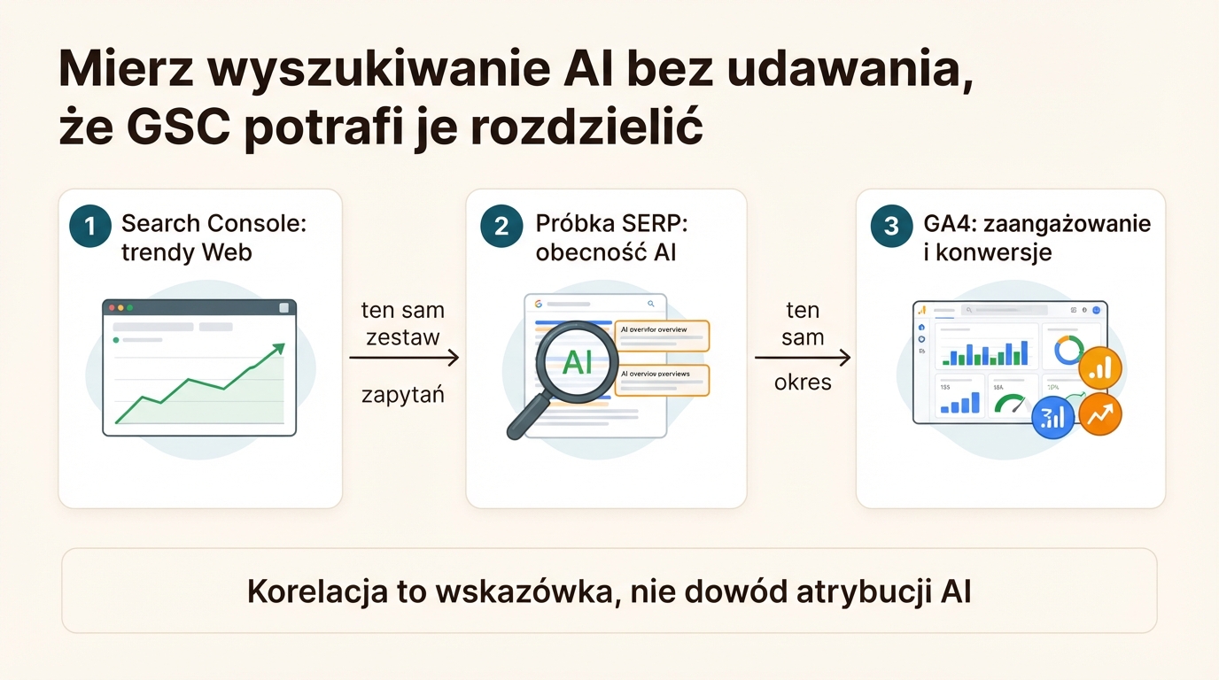 Tygodniowy przepływ pomiaru wyszukiwania AI łączący trendy Web z Search Console, powtarzalną próbkę SERP i konwersje GA4