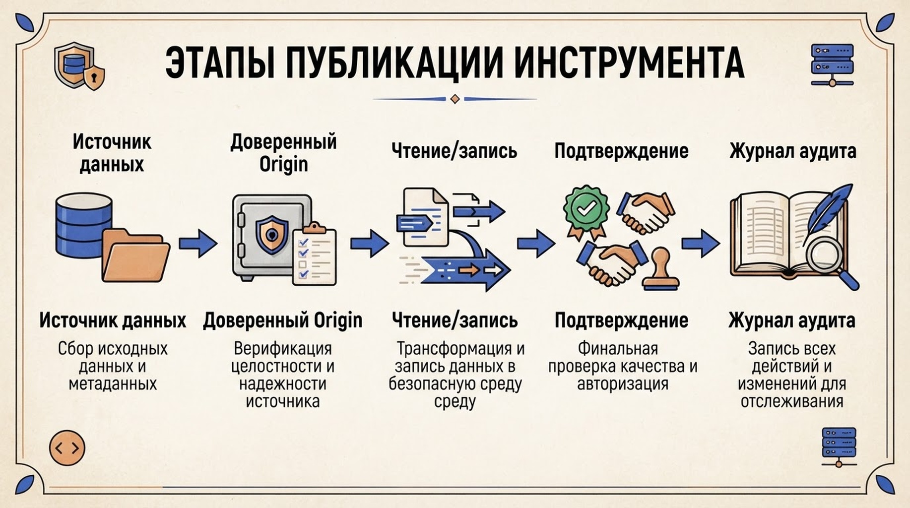 Этапы публикации инструмента WebMCP: источник данных, доверенный Origin, чтение или запись, подтверждение пользователя и журнал аудита.