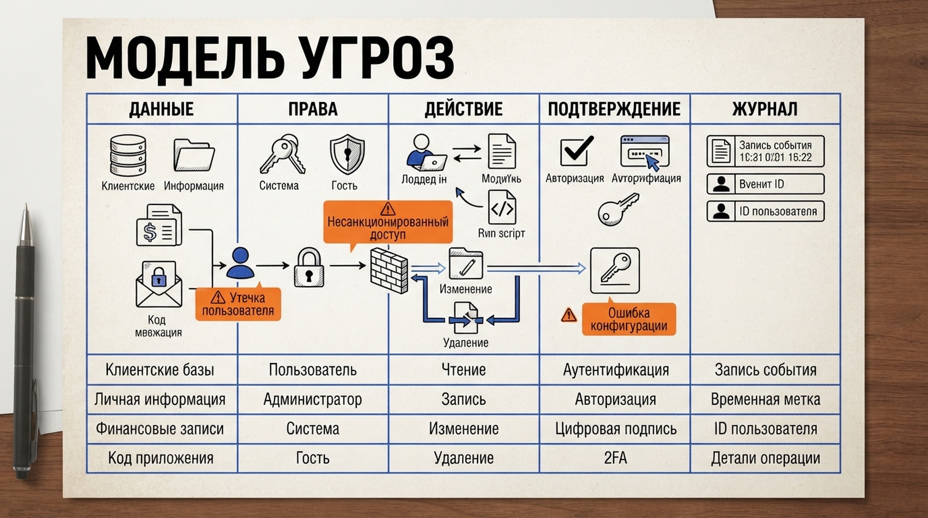 Рабочая таблица модели угроз WebMCP с проверкой данных, прав, действия, подтверждения и журнала.