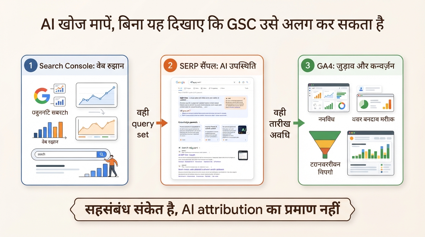 Search Console वेब रुझानों, दोहराने योग्य SERP सैंपल और GA4 कन्वर्ज़न को मिलाने वाला साप्ताहिक AI खोज मापन प्रवाह