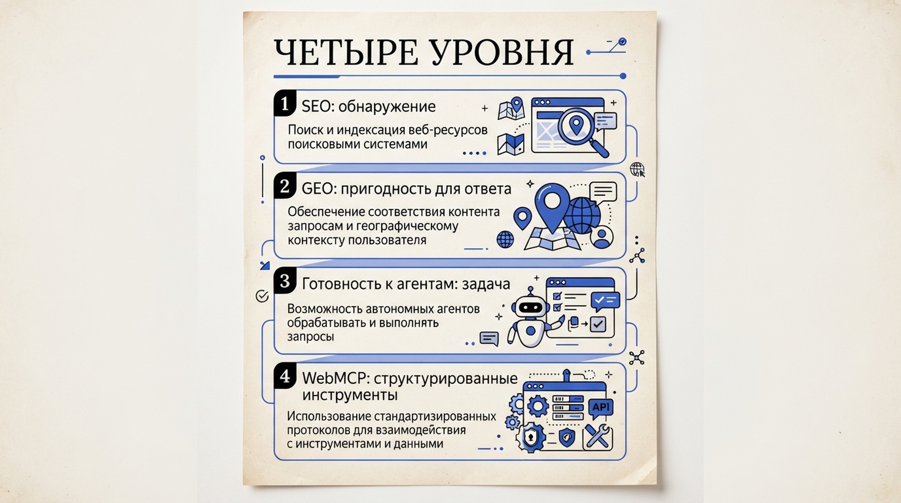 Четыре уровня от обнаружения в SEO и пригодности для ответа в GEO до готовности к агентам и структурированных инструментов WebMCP.
