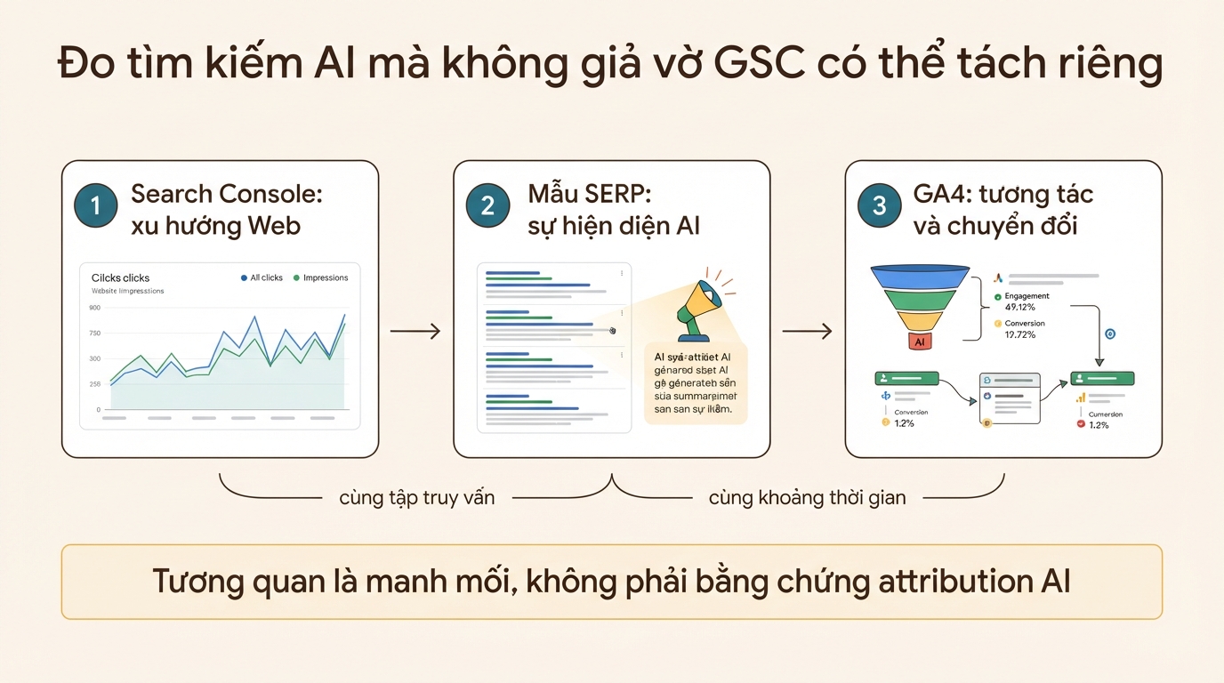 Quy trình đo lường tìm kiếm AI hằng tuần kết hợp xu hướng Web của Search Console, mẫu SERP lặp lại được và chuyển đổi GA4