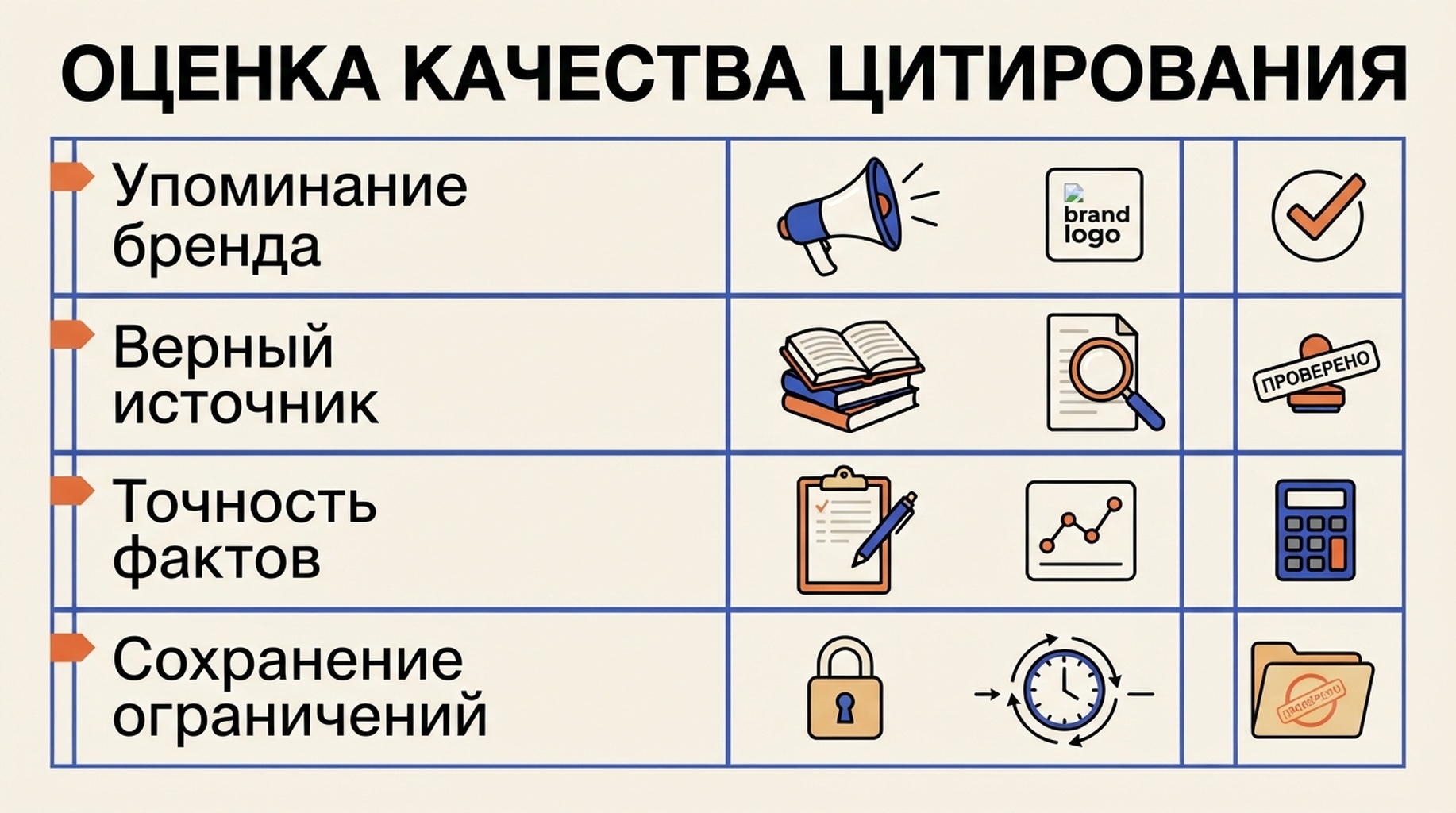 Оценка качества цитирования по упоминанию бренда, верному источнику, точности фактов и сохранению ограничений.