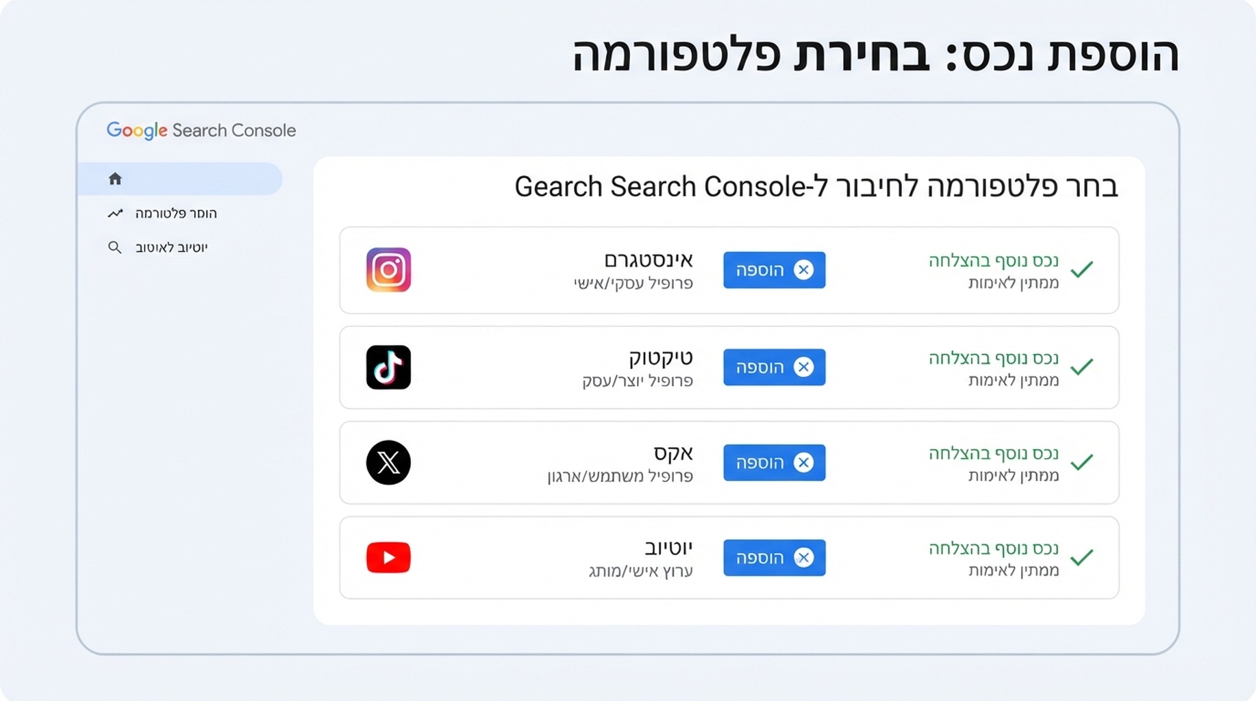 מסך שטוח של הגדרת נכס פלטפורמה ב-Google Search Console עם Instagram, TikTok, X ו-YouTube